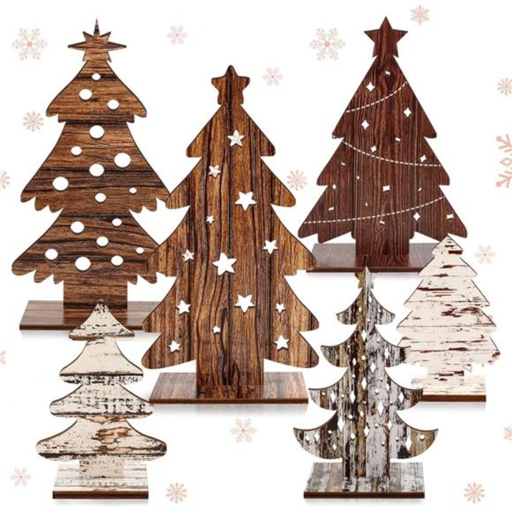 6 Pcs Wooden Christmas Trees Tabletop Decor Rustic Standing Handmade Wood Trees